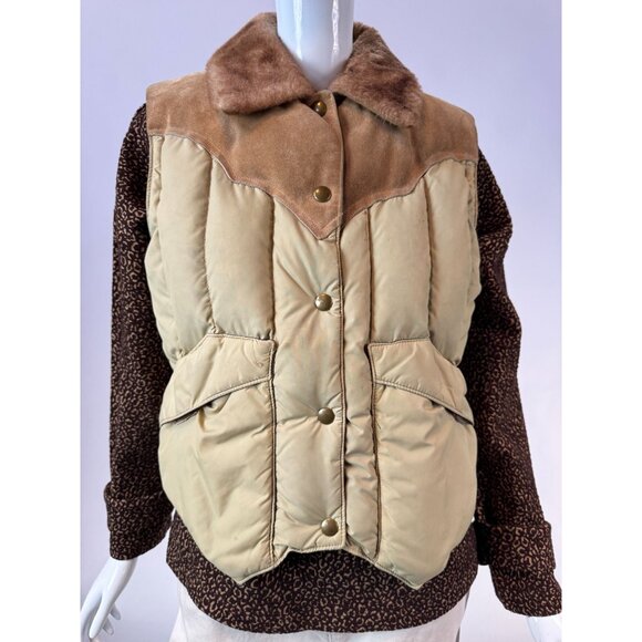 Woolrich Womens Western Style Down Puffer Vest With Faux Fur Collar Beige/Brown - Picture 15 of 16